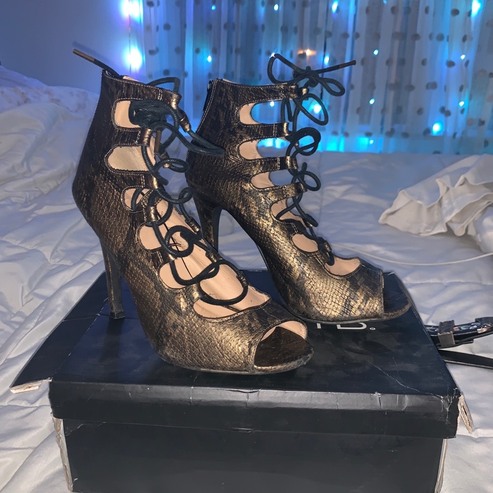 Snake skin lace up heels